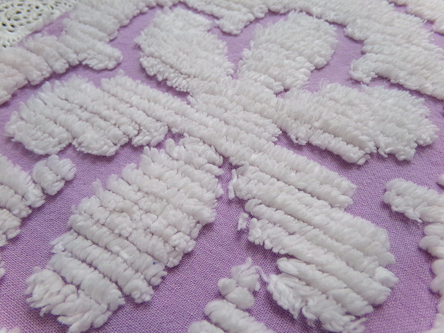 Lavender White Vintage Chenille Fabric Piece 25x26" Daisy Diamond Geometric