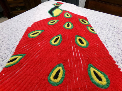 Red Peacock Vintage Chenille Fabric Piece, Plush Bird Design 13x39" Panel