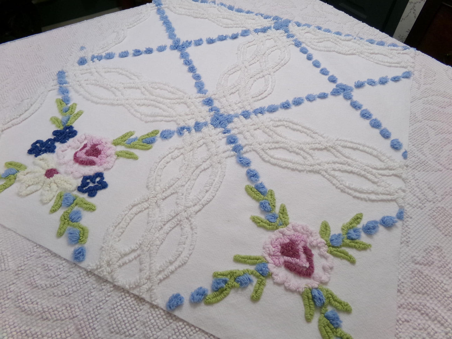Shabby Coastal Vintage Chenille Fabric, Blue & White Floral Sewing Material 21" x 23" Piece