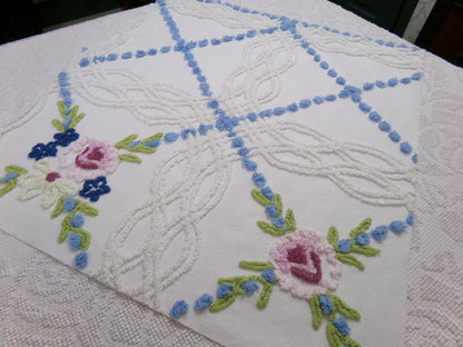 Shabby Coastal Vintage Chenille Fabric, Blue & White Floral Sewing Material 21" x 23" Piece