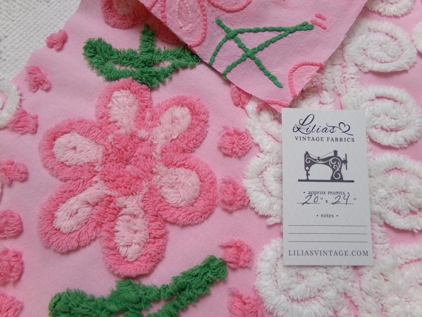 Flower Arch Vintage Chenille Bedspread Fabric, Pink Floral Sewing Material 20" x 24" Piece