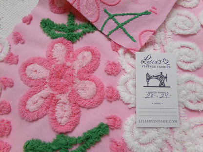 Flower Arch Vintage Chenille Bedspread Fabric, Pink Floral Sewing Material 20" x 24" Piece