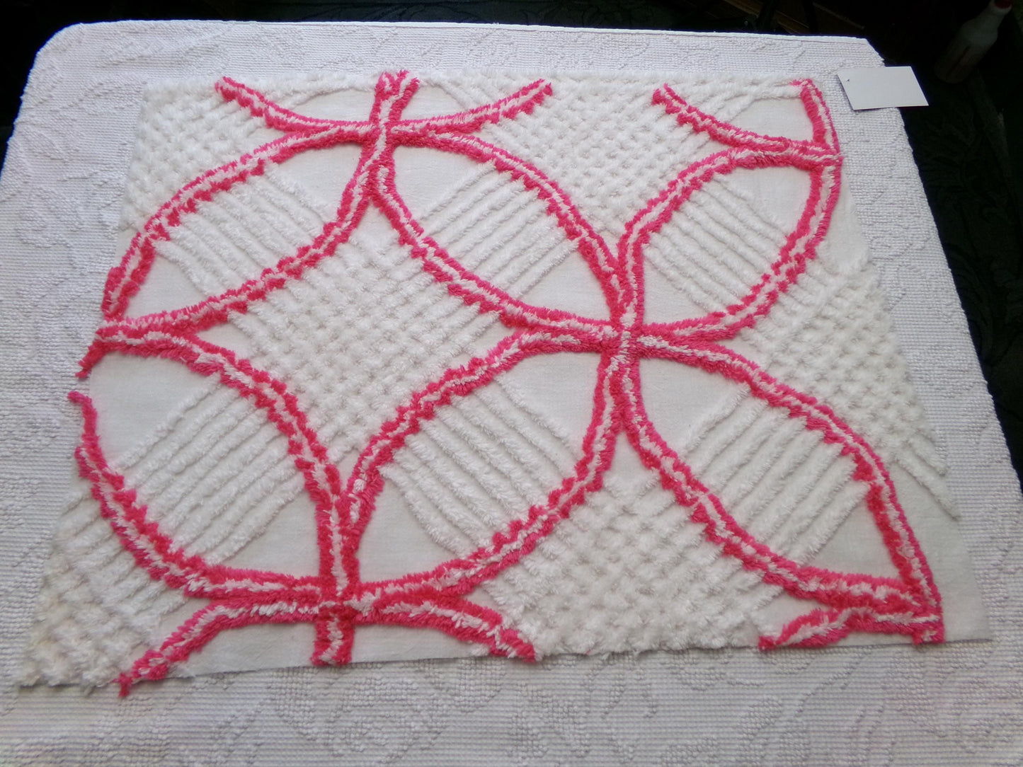Vintage Hot Pink White Chenille Fabric: Geometric Pattern Retro Mid Century Textile Craft Quilting Supplies, 20" x 25" Piece