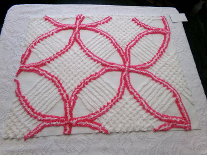 Vintage Hot Pink White Chenille Fabric: Geometric Pattern Retro Mid Century Textile Craft Quilting Supplies, 20" x 25" Piece
