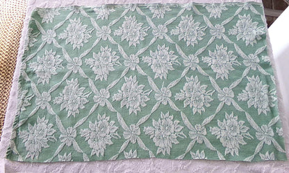 shabby cottage jade rose woven fabric, reversible sewing material from vintage bates bedspread, 20" x 30" inch piece