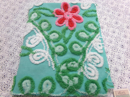 Vintage Green Chenille Fabric, Floral Swirl Design, 20x25" Piece