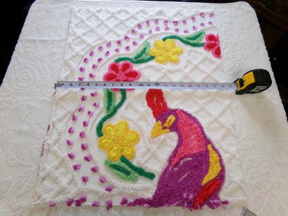 colorful peacock vintage chenille fabric piece, 19" x 25" panel, great for wallhanging or quilt inlay