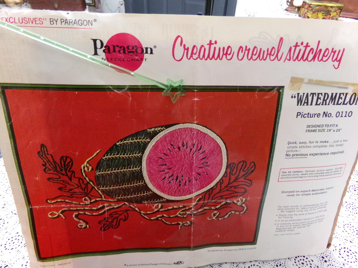 WATERMELON Crewel Embroidery Kit, Vintage Paragon Needlecraft 0110, Kitschy Wall Art