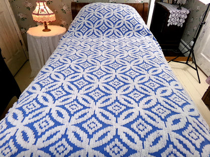 coastal cottage blue vintage chenille bedspread, cobalt & white geometric design, 100% cotton twin size summer coverlet with fringe