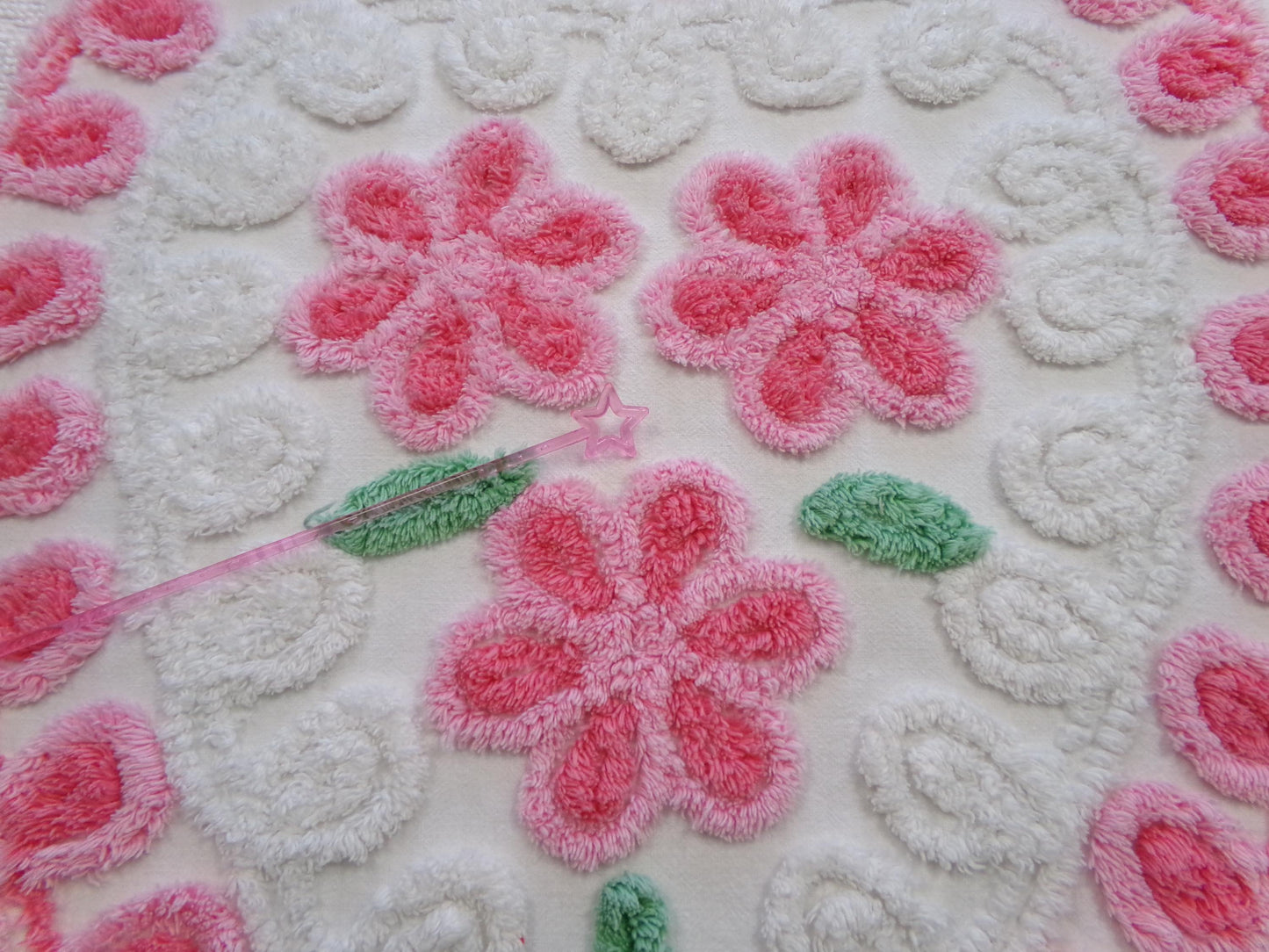 big pink heart vintage chenille fabric, popular floral center pattern, 16" x 26" piece of sewing material for quilting, crafts