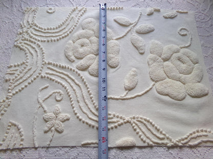 stylized ivory roses vintage chenille fabric, 100% cotton 16" x 21" cut piece w/ sprawling heavily tufted rose design for crafts, sewing