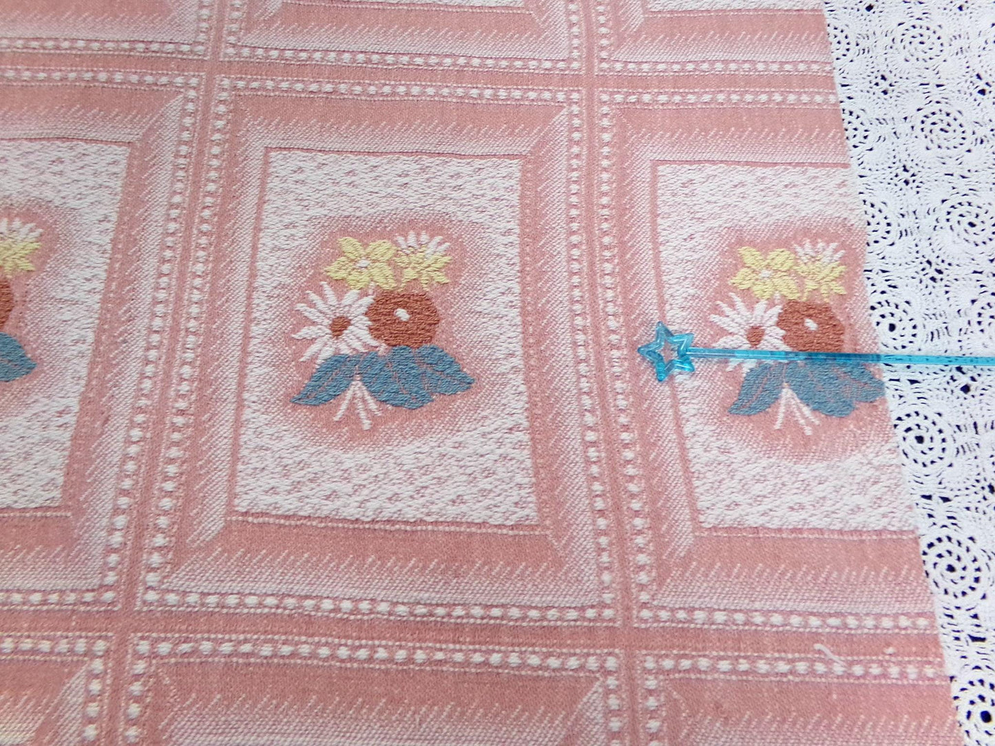 Vintage Pink Floral Fabric, Cotton Woven Cottage Windowpane Design 16.5x23"