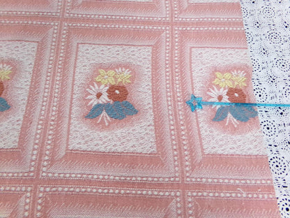Vintage Pink Floral Fabric, Cotton Woven Cottage Windowpane Design 16.5x23"