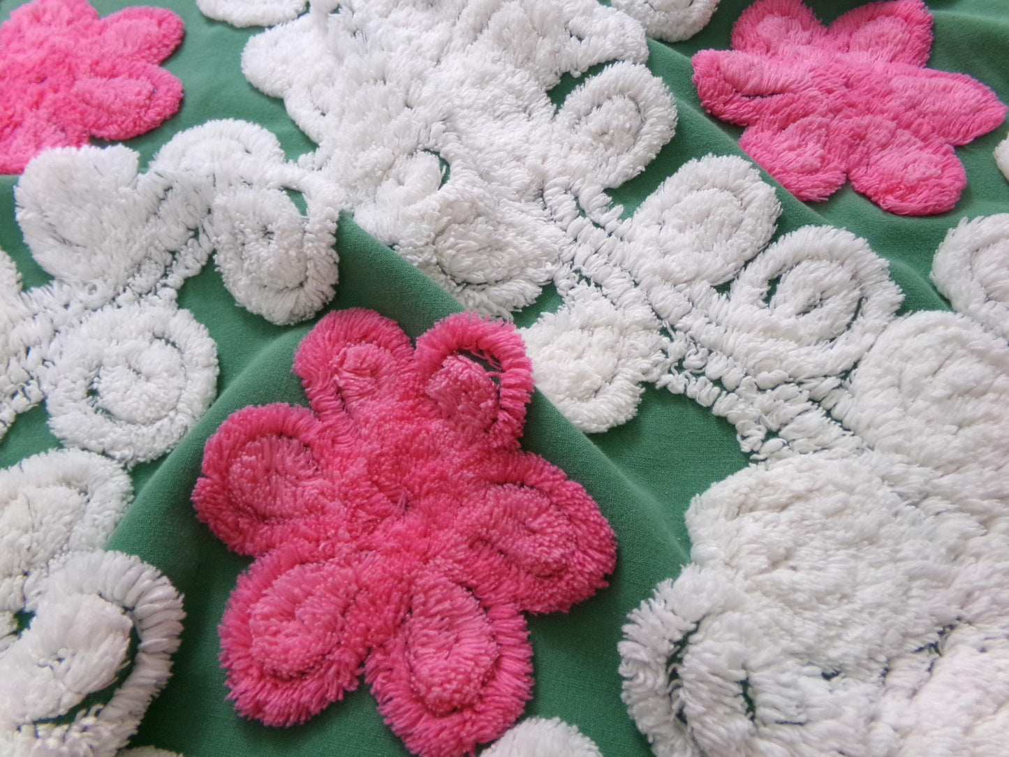 Vintage Chenille Bedspread Fabric, evergreen pink rose white swirl sewing craft quilt material, 20" x 24" piece