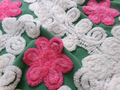 Vintage Chenille Bedspread Fabric, evergreen pink rose white swirl sewing craft quilt material, 20" x 24" piece