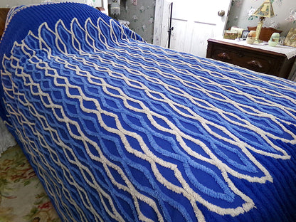 blue flame vintage chenille bedspread, dramatic unique geometric design, full size cotton bedding