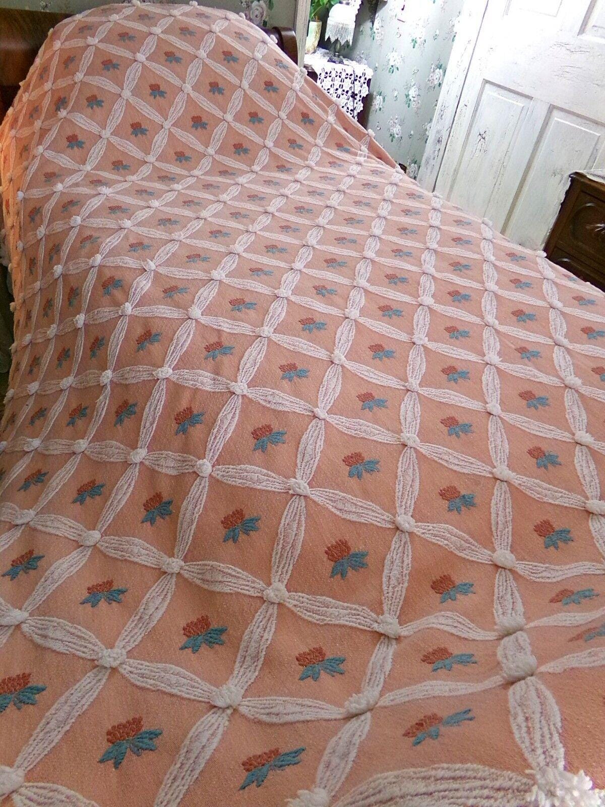 shabby chic style vintage woven & chenille bedspread, coral rose twin coverlet
