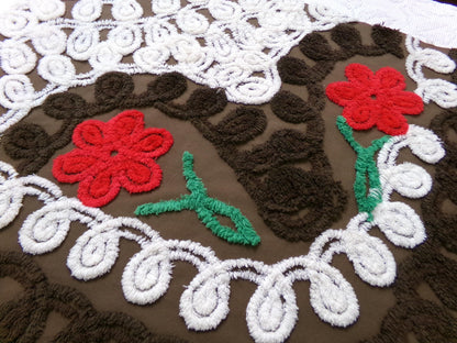 Chocolate Brown Vintage Chenille Bedspread Fabric, cherry red flowers & white swirls sewing material, 20" x 24"