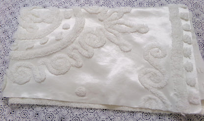 Romantic White Vintage Satin Chenille Bedspread Fabric, Shabby Large Medallion 38x20"