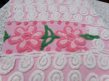 Peeking Pink Flowers Vintage Chenille Bedspread Fabric, 15" x 26" piece