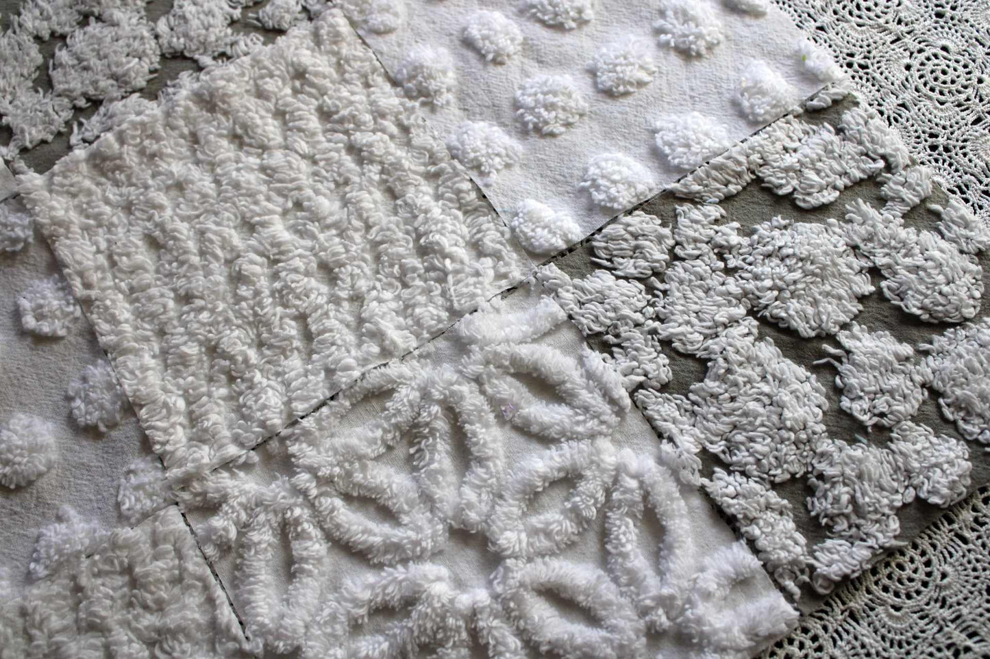 Blizzard Chenille Quilt Squares Set, Rotary Cut from Vintage Chenille Bedspread Fabric, 16 Blocks, 6" x 6" inch each