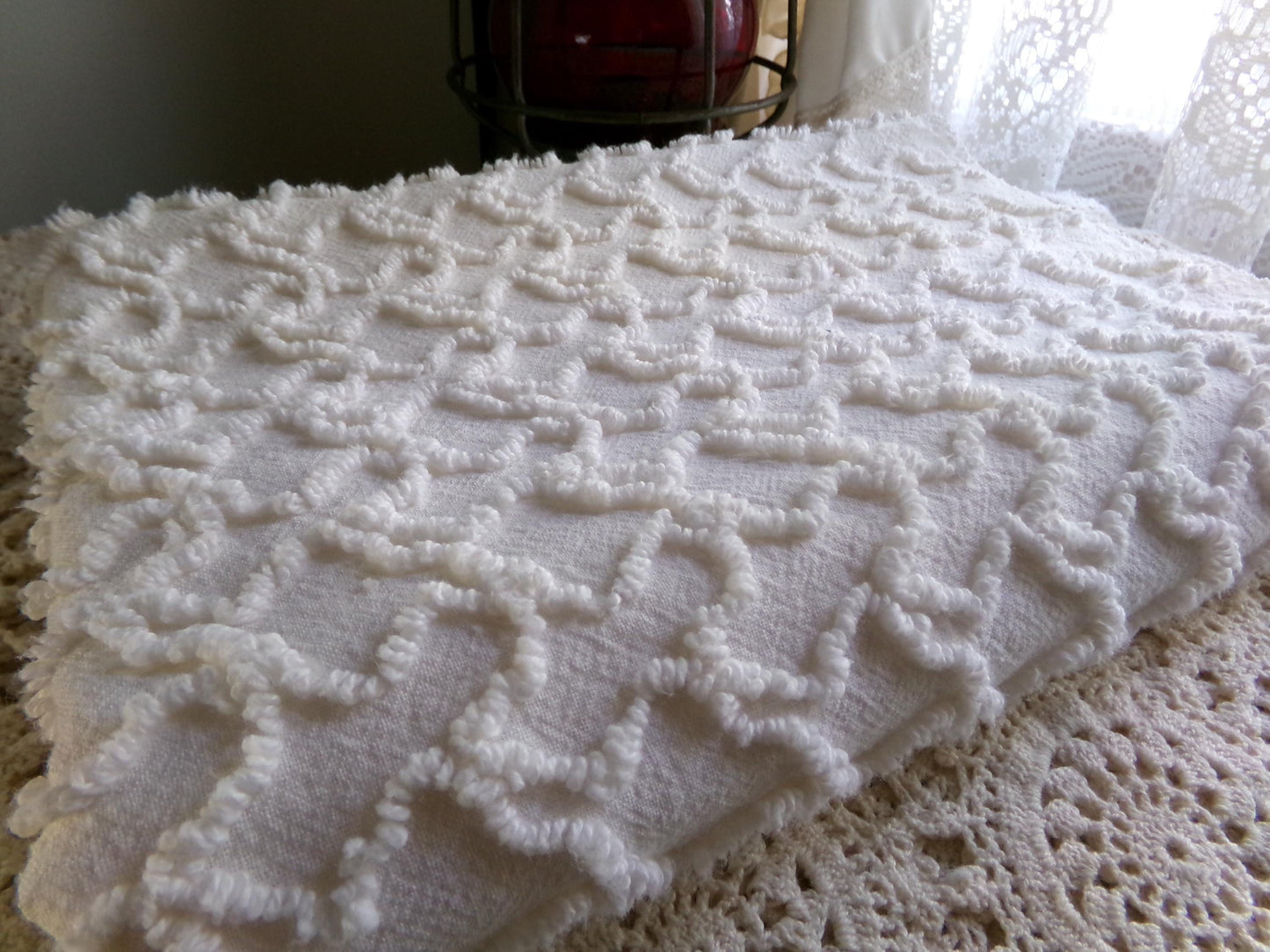Neutral Cream Vintage Chenille Fabric, Texturized Squiggle Cotton Material, 20" x 25" inch Piece, Neutral Vintage Fabric for Quilts, Pillows