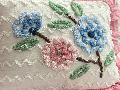 Cottage Ruffled Vintage Chenille Pillow Cover Reversible Floral Rectangle Shape