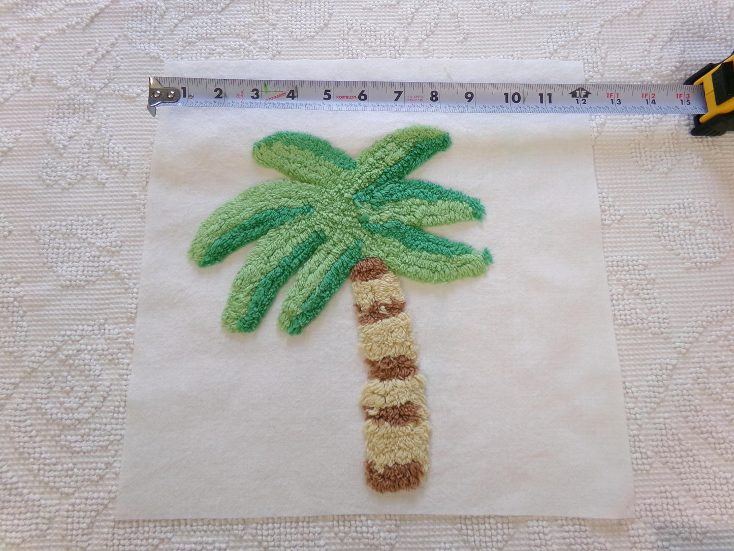 palm tree chenille fabric square, vintage tropical Florida fun novelty sewing material for pillow & quilt designs, 12" inch block