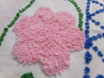 Vintage Chenille Bedspread Fabric White Pink Floral Blue Lattice Trellis Cottage 24x23"