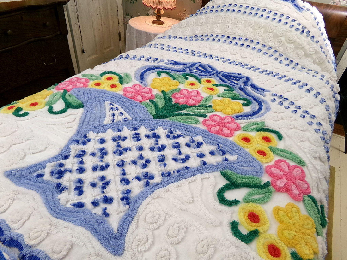 bring me joy vintage chenille bedspread, colorful sprawling blue flower basket on white, retro cottage style full size cotton bedding
