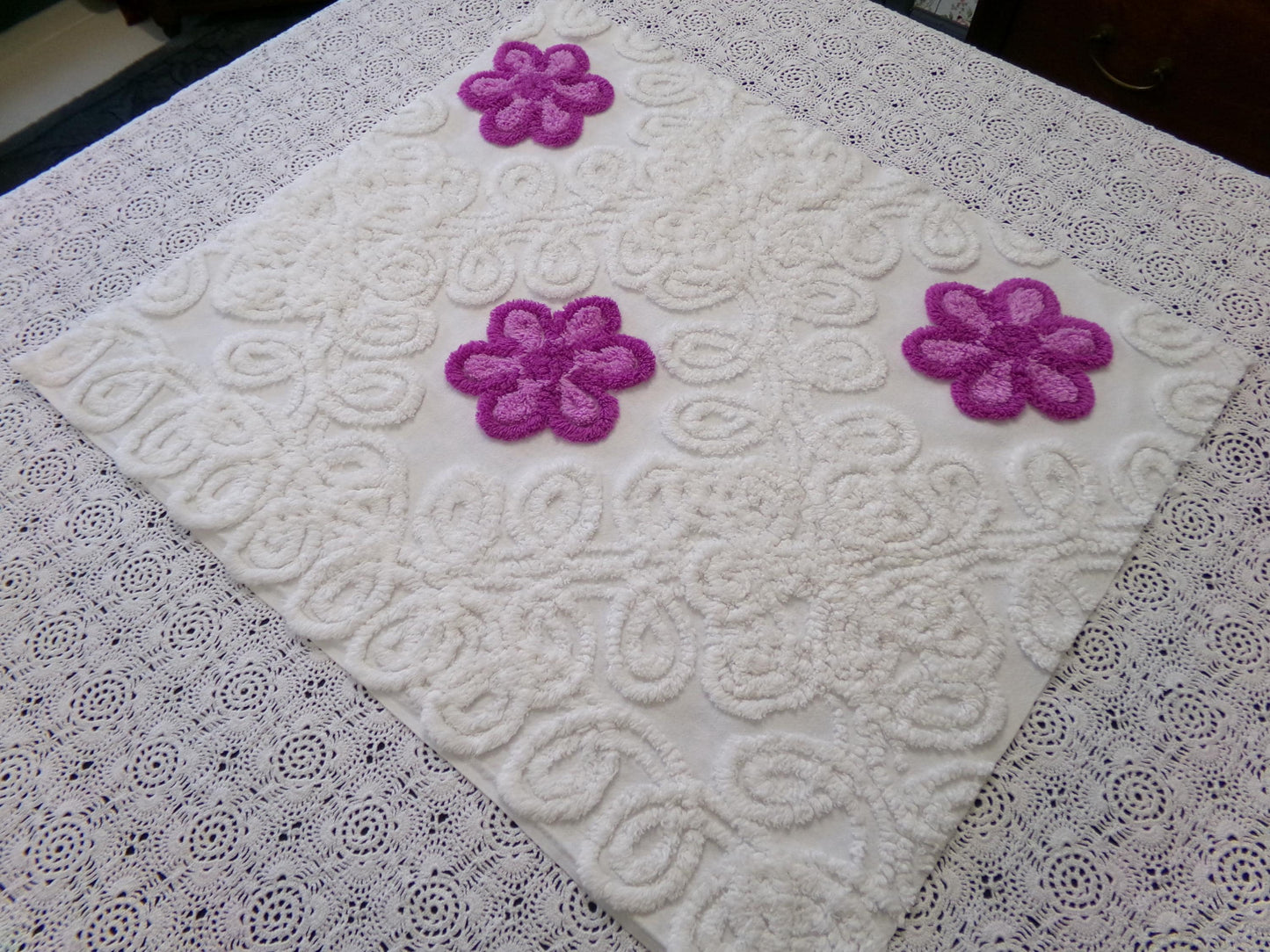 Violets in Snow Vintage Cotton Chenille Fabric - Plush Florals in White Curlicues, Quilt & Craft Material, 20" x 17" Piece