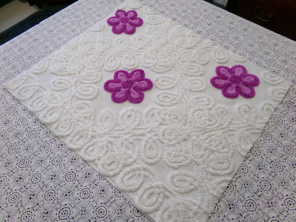 Violets in Snow Vintage Cotton Chenille Fabric - Plush Florals in White Curlicues, Quilt & Craft Material, 20" x 17" Piece