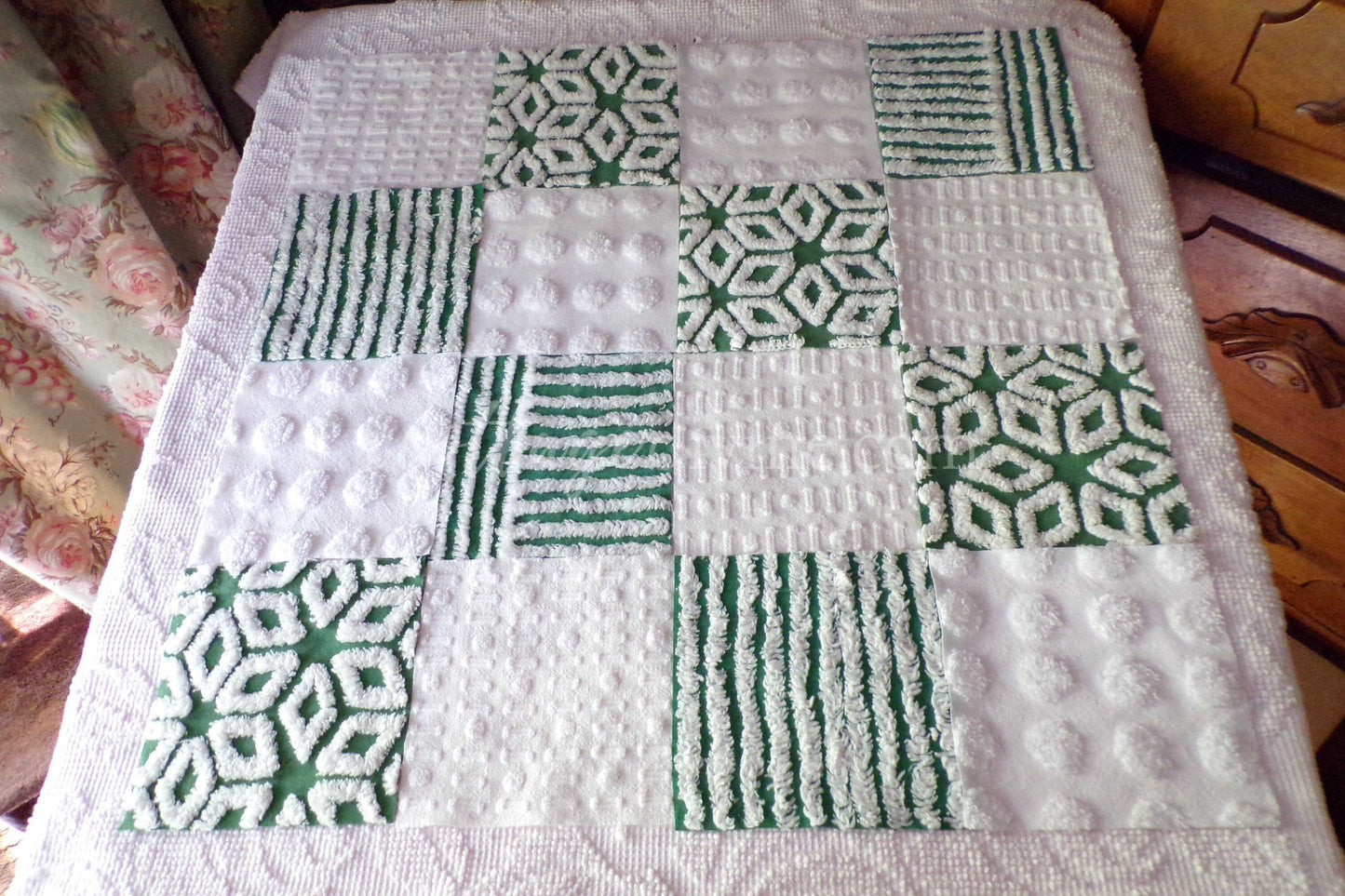 First Snowfall Quilt Squares Set, from Vintage Chenille Bedspread Fabric, 16 Blocks, 6" x 6" inch, Evergreen & White