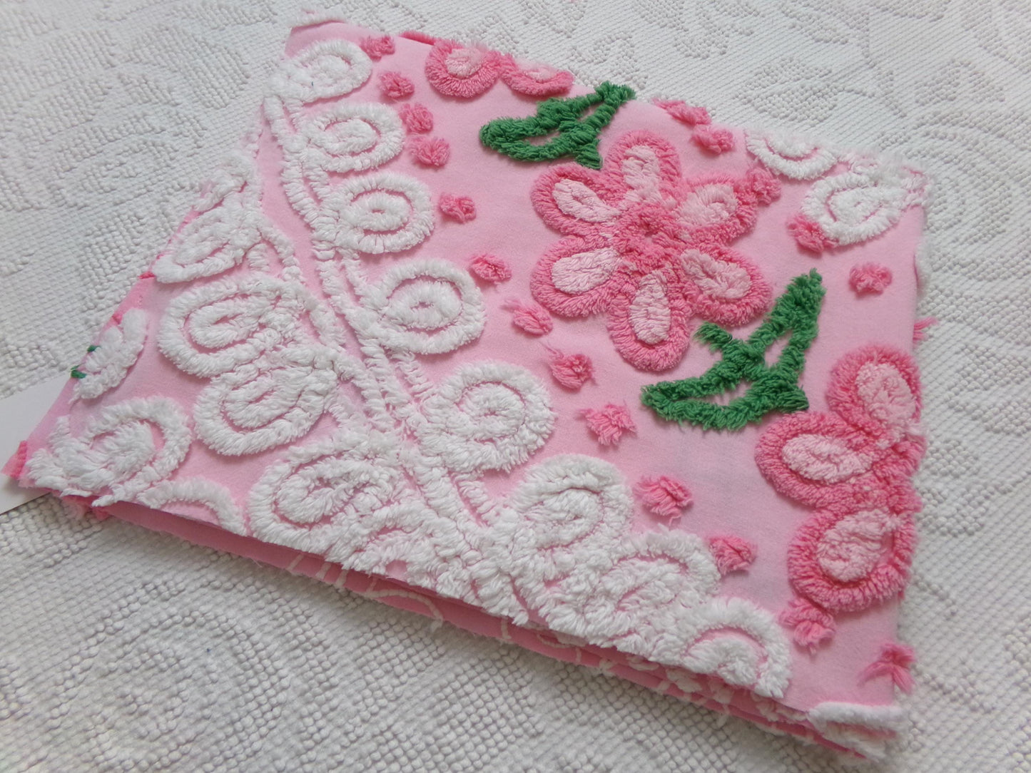 Flower Arch Vintage Chenille Bedspread Fabric, Pink Floral Sewing Material 20" x 24" Piece