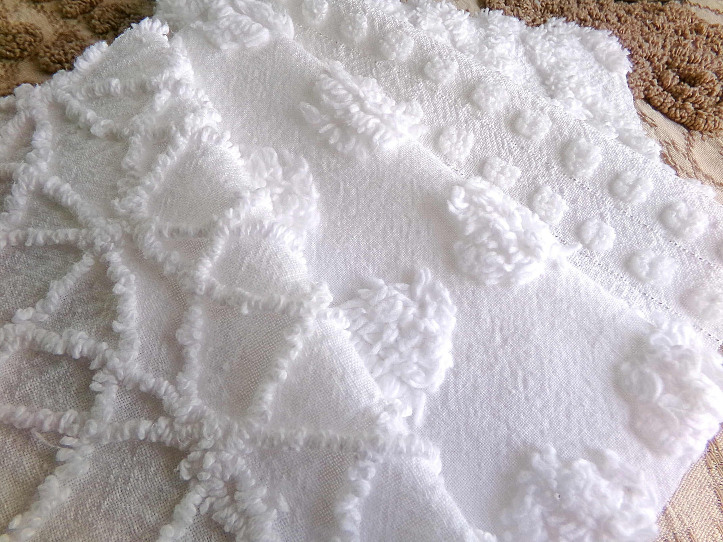 Snow White 6" Chenille Fabric Squares, Set of 16 Quilt Blocks, Classic Dots, Pops, Diamond patterns cut from vintage chenille bedspreads