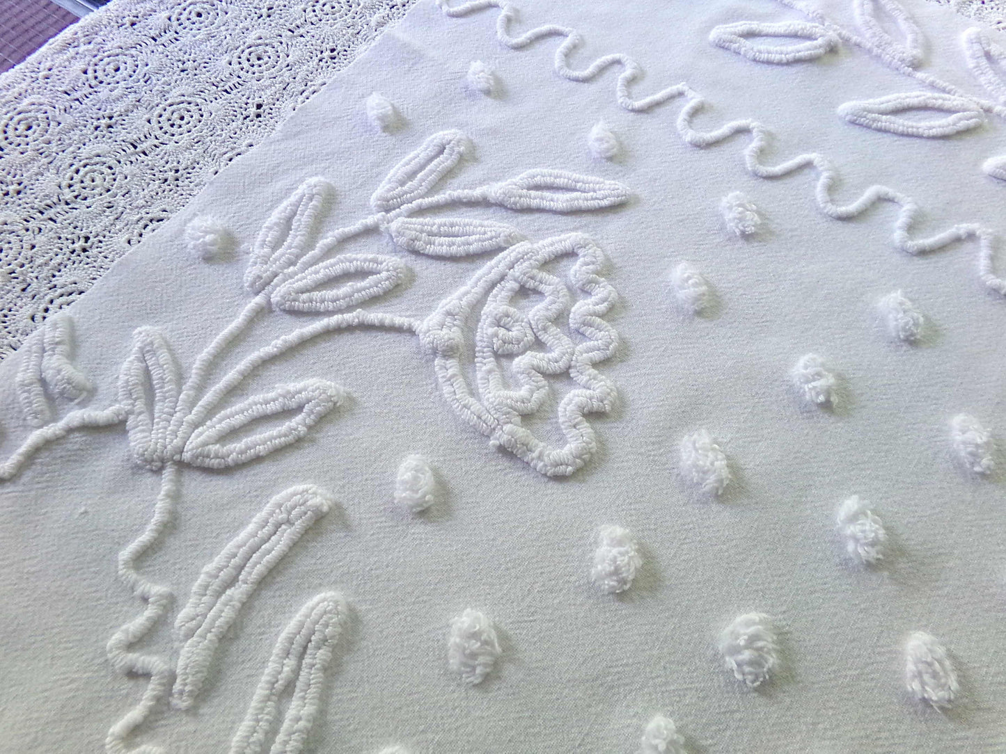 Elegant White Vintage Chenille Fabric, 20" x 23" inch Piece of Sewing Material for Quilts & Crafts
