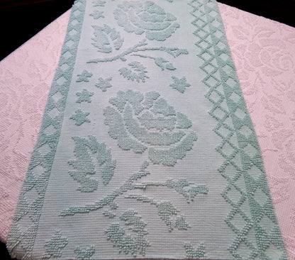 Vintage Hobnail Chenille Fabric Reversible Rose Aqua Ghost Shadow Shabby Mood 17"x27"