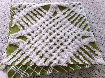 Boho Olive Army Green Vintage Chenille Fabric, 22" x 20" inch Piece, Retro 1970s Hippie Vibes