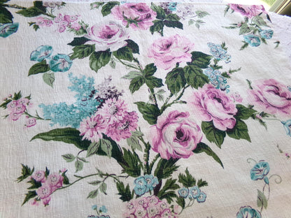 Vintage Barkcloth Fabric, Shabby Cottage Chic Roses on Aged White, 18" x 25" Cut Fabric Piece from a Deconstructed bark cloth curtain panel
