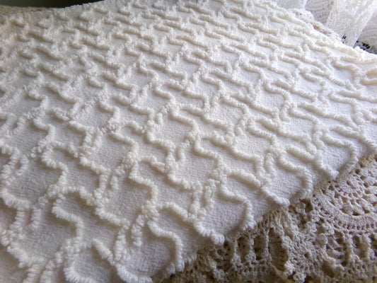 Neutral Cream Vintage Chenille Fabric, Texturized Squiggle Cotton Material, 20" x 25" inch Piece, Neutral Vintage Fabric for Quilts, Pillows