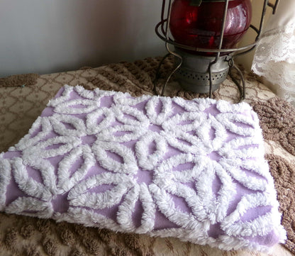 Spring Lavender Vintage Chenille Fabric in Lilac Purple & Fluffy White Daisy, 19" x 25" inch Piece, Lovely in Quilts