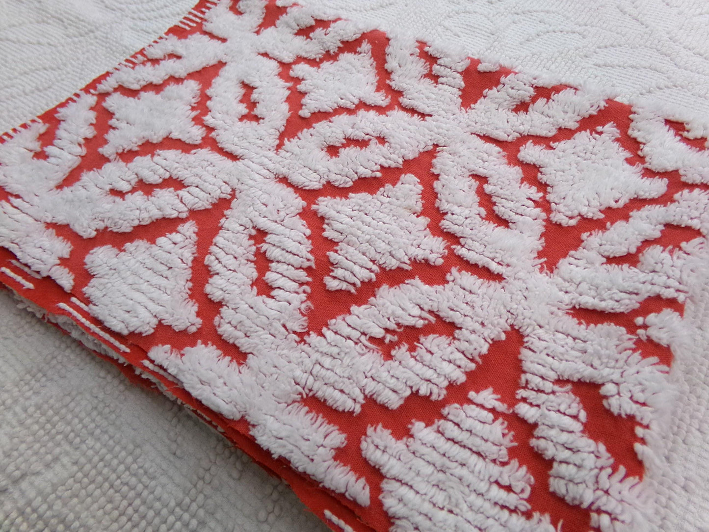 Classic Red Vintage Chenille Fabric, tufted white geometric designs, piece sewing craft quilt material, 18" x 24"