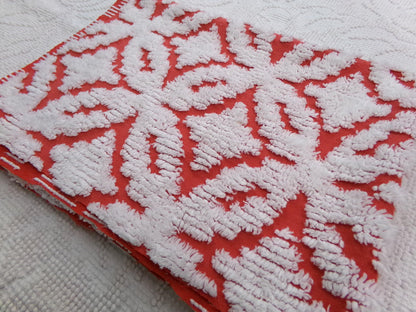 Classic Red Vintage Chenille Fabric, tufted white geometric designs, piece sewing craft quilt material, 18" x 24"