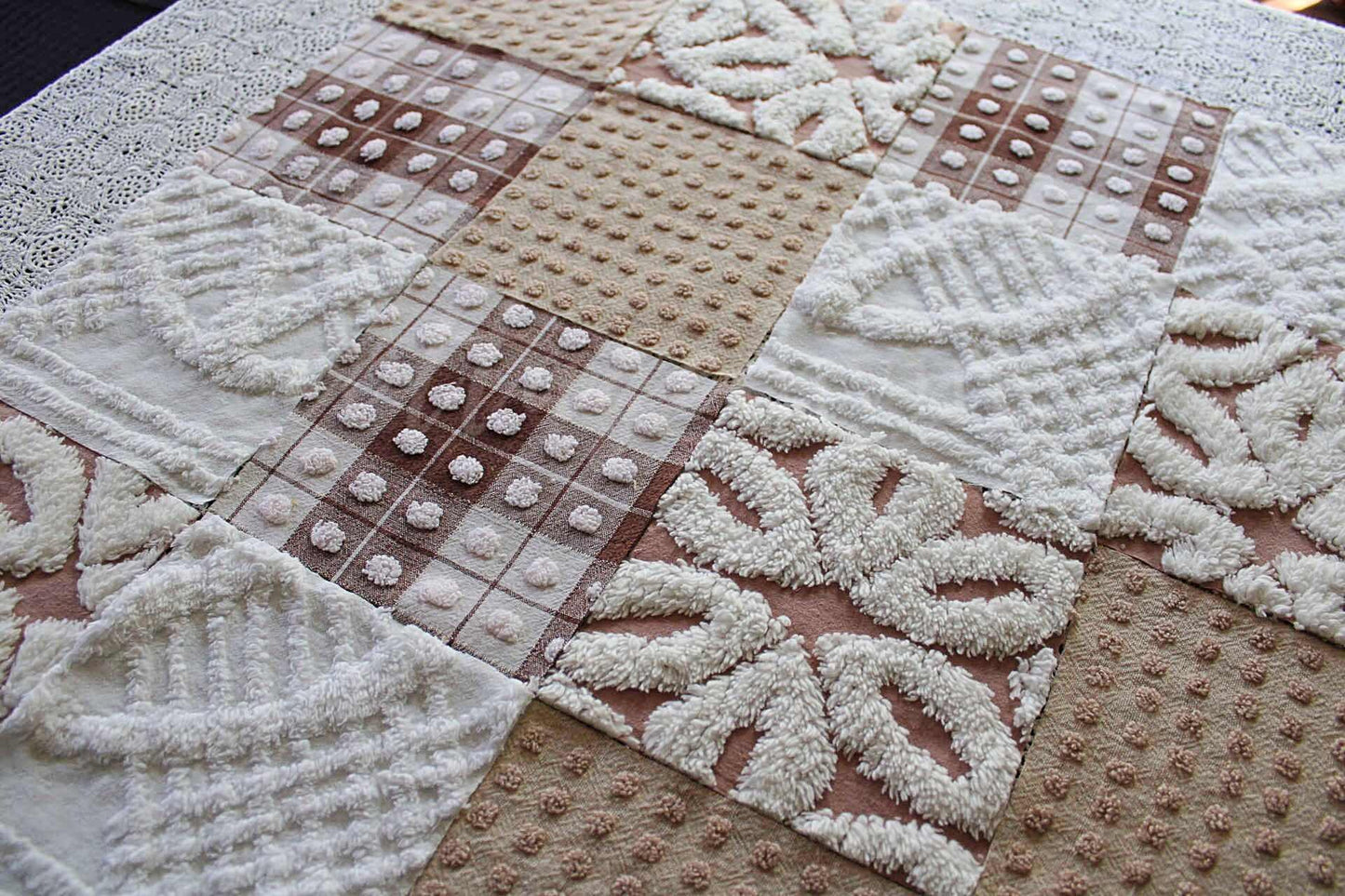 Bear Hugs Chenille Quilt Squares Set, from Vintage Bedspread Fabric, 16 Blocks, 6" x 6" inches each, Chocolate, Mocha & White