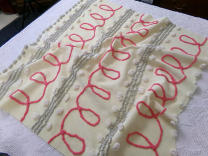 red doodles vintage chenille bedspread fabric, unique quilt & sewing material, 24" x 24" piece