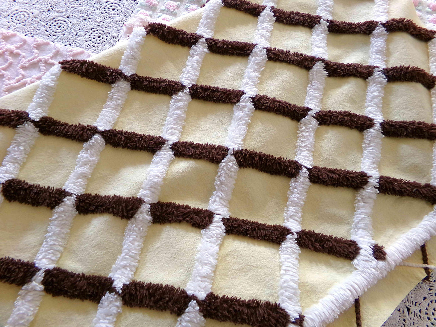 buttery yellow vintage chenille fabric in chocolate white crosshatch pattern, unique 20" x 25" piece of quilt material for crafts & sewing