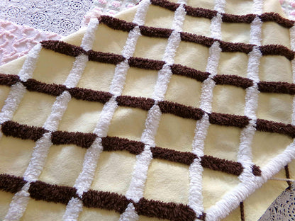 buttery yellow vintage chenille fabric in chocolate white crosshatch pattern, unique 20" x 25" piece of quilt material for crafts & sewing