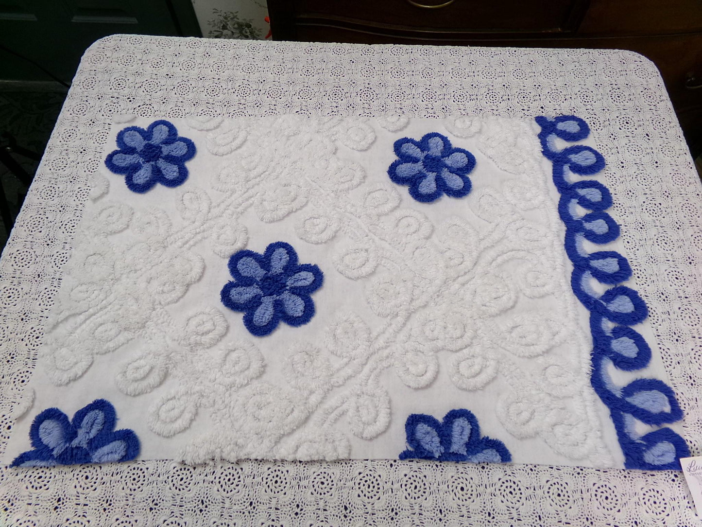 Blueberry Swirl Vintage Chenille Bedspread Fabric, Coastal Blue & White Daisy 16.5x25"