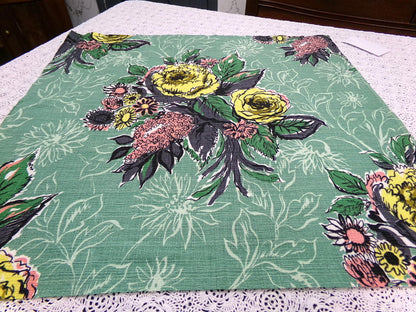 Vintage Green Floral Barkcloth Fabric Panel, Tonal Rose Shadow Leaf Design 21"x20.5"