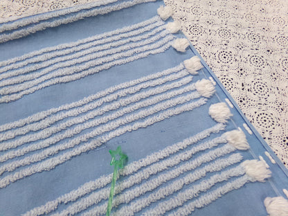 Shabby Sky Blue Vintage Chenille Fabric White Stripe Sewing Material 18" x 30"